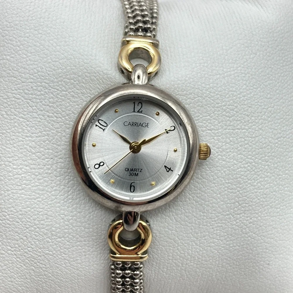 Timex Carriage Women's Watch 23mm Silver Gold Tone Ball Chain Band New Battery